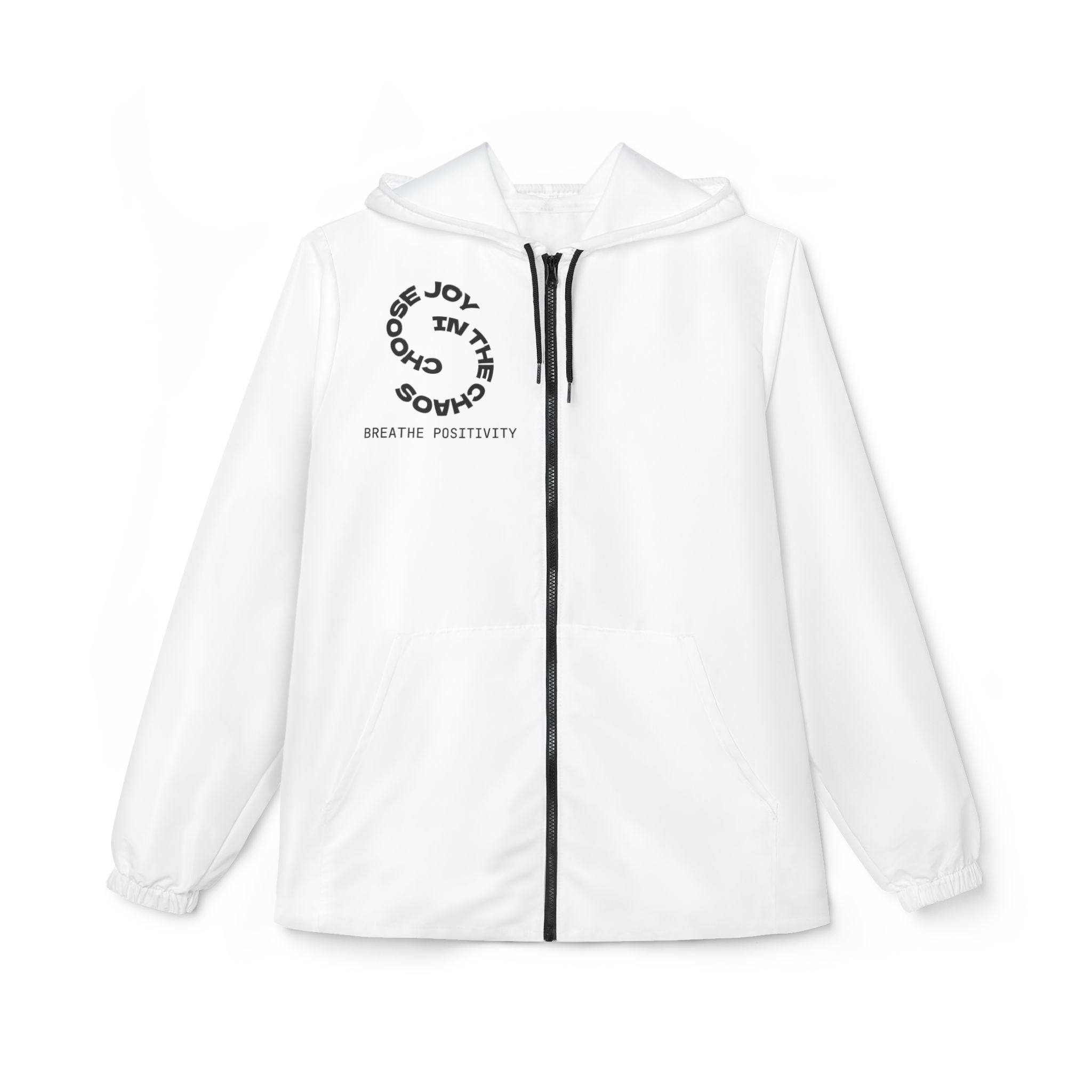 Joy In The Chaos Windbreaker Jacket – Minimalist Black Text Hooded Windbreaker